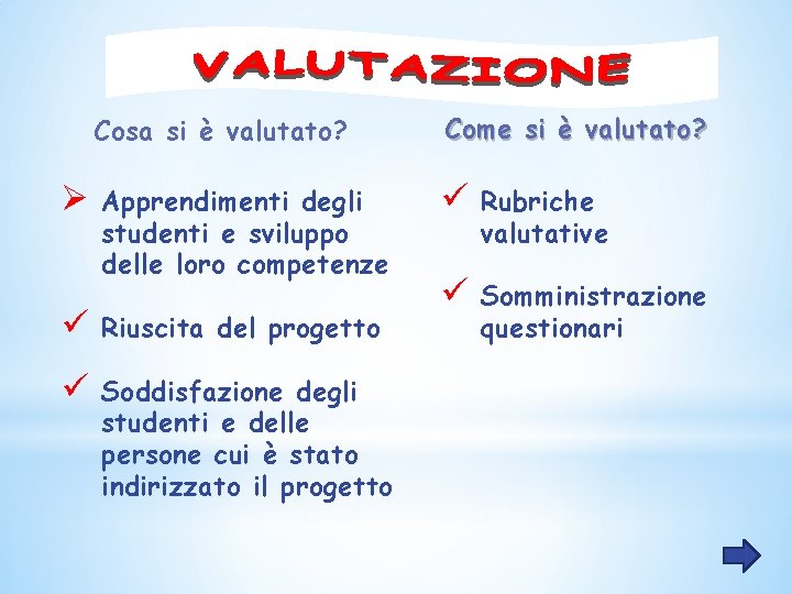 Ø Cosa si è valutato? Come si è valutato? Apprendimenti degli studenti e sviluppo