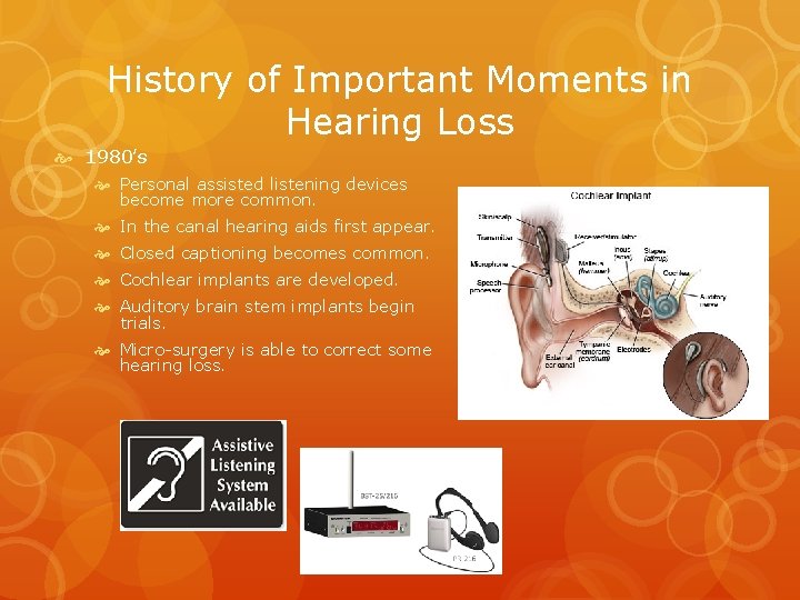 History of Important Moments in Hearing Loss 1980’s Personal assisted listening devices become more