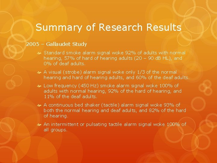 Summary of Research Results 2005 – Gallaudet Study Standard smoke alarm signal woke 92%