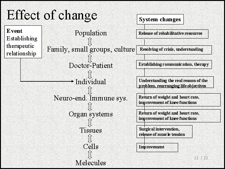 Effect of change Event Establishing therapeutic relationship System changes Population Release of rehabilitative resources