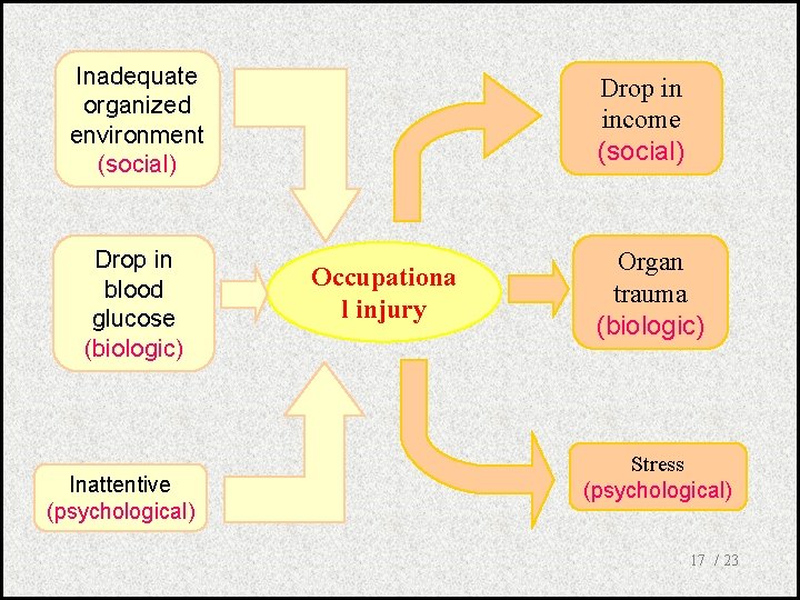 Inadequate organized environment (social) Drop in blood glucose (biologic) Inattentive (psychological) Drop in income