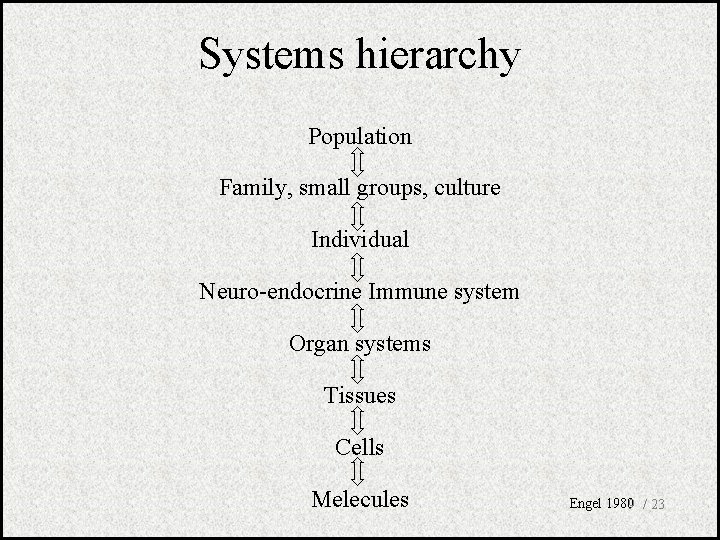 Systems hierarchy Population Family, small groups, culture Individual Neuro-endocrine Immune system Organ systems Tissues