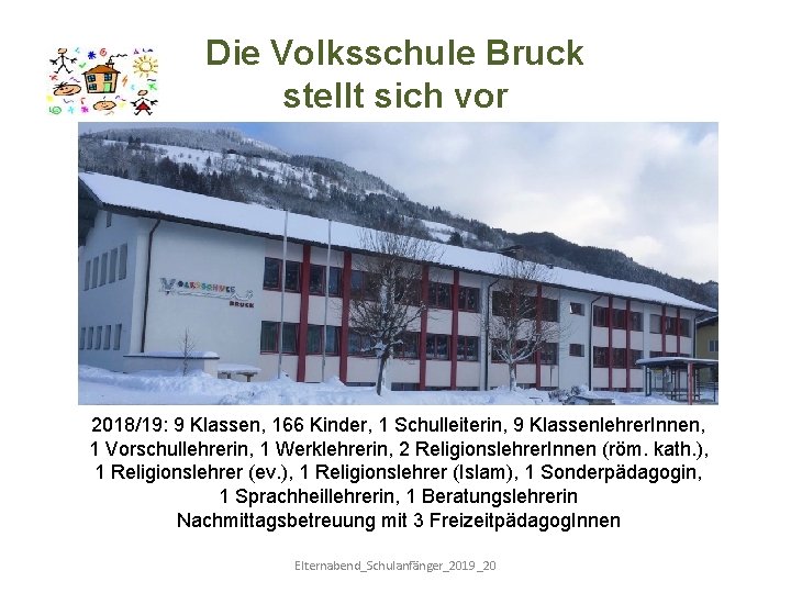 Die Volksschule Bruck stellt sich vor 2018/19: 9 Klassen, 166 Kinder, 1 Schulleiterin, 9