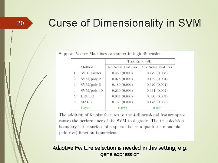 20 Curse of Dimensionality in SVM Adaptive Feature selection is needed in this setting,