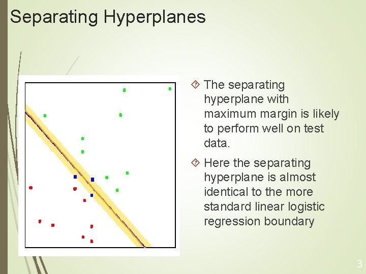 Separating Hyperplanes The separating hyperplane with maximum margin is likely to perform well on