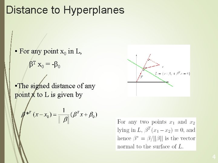 Distance to Hyperplanes • For any point x 0 in L, βT x 0