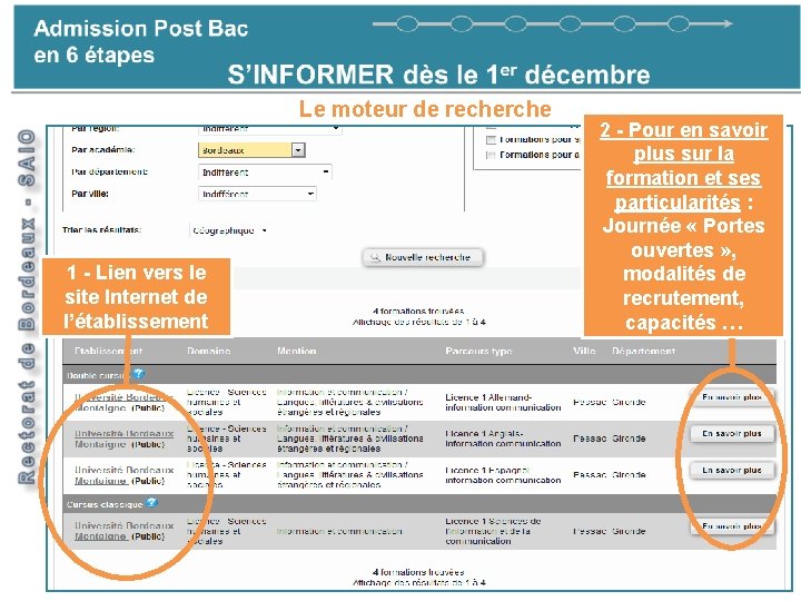 Le moteur de recherche 1 - Lien vers le site Internet de l’établissement 2