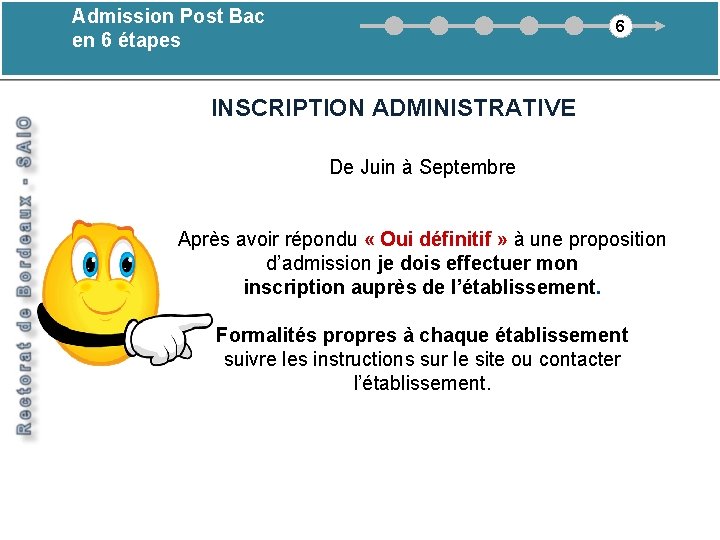 Admission Post Bac en 6 étapes 6 6 – Inscription administrative INSCRIPTION ADMINISTRATIVE De