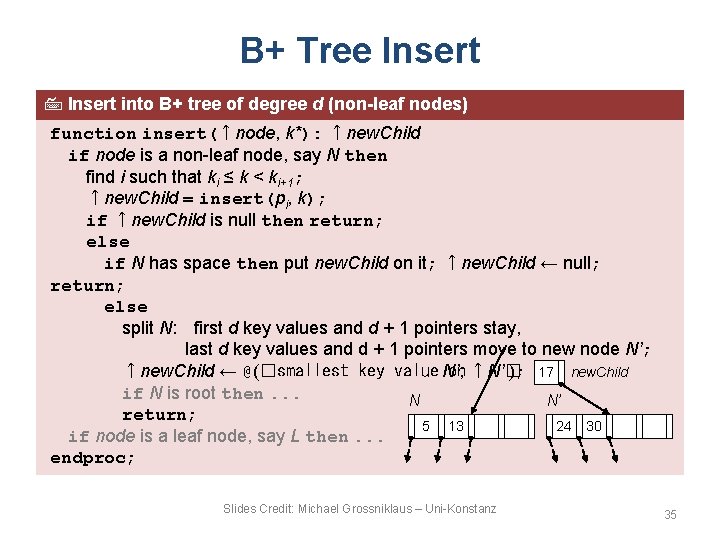 B+ Tree Insert into B+ tree of degree d (non-leaf nodes) function insert(↑node, k*):