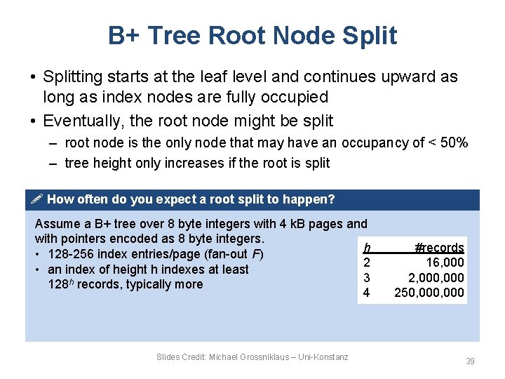 B+ Tree Root Node Split • Splitting starts at the leaf level and continues