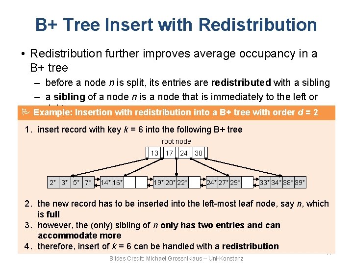 B+ Tree Insert with Redistribution • Redistribution further improves average occupancy in a B+