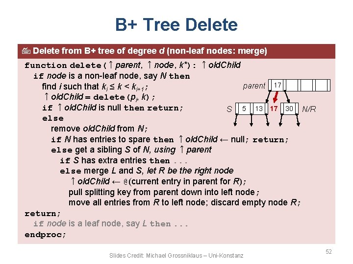 B+ Tree Delete from B+ tree of degree d (non-leaf nodes: merge) function delete(↑parent,