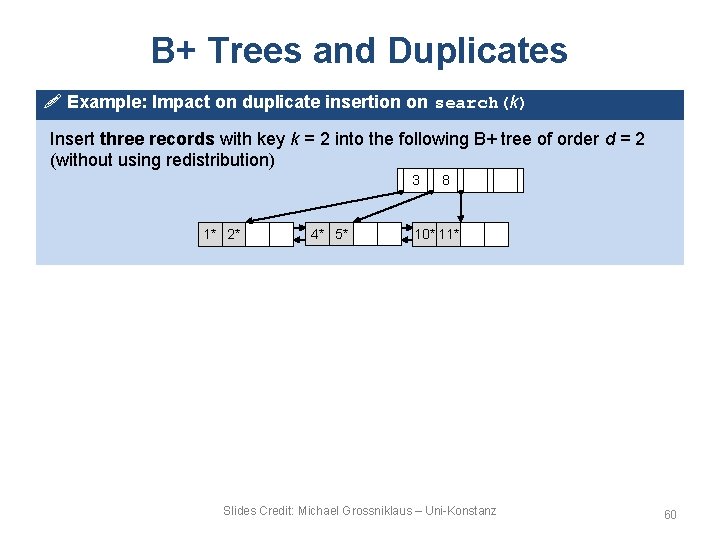 B+ Trees and Duplicates ! Example: Impact on duplicate insertion on search(k) Insert three