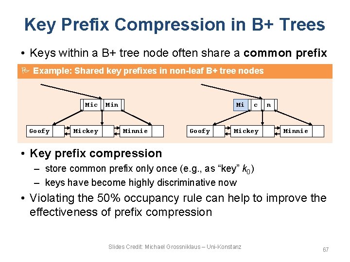 Key Prefix Compression in B+ Trees • Keys within a B+ tree node often