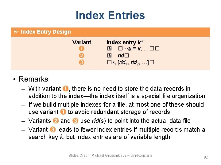 Index Entries Index Entry Design Variant ➊ ➋ ➌ Index entry k* � k,