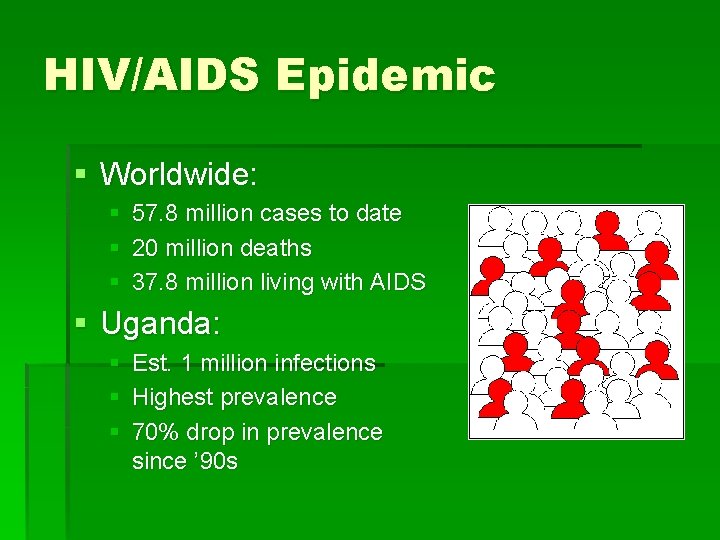 HIV/AIDS Epidemic § Worldwide: § § § 57. 8 million cases to date 20