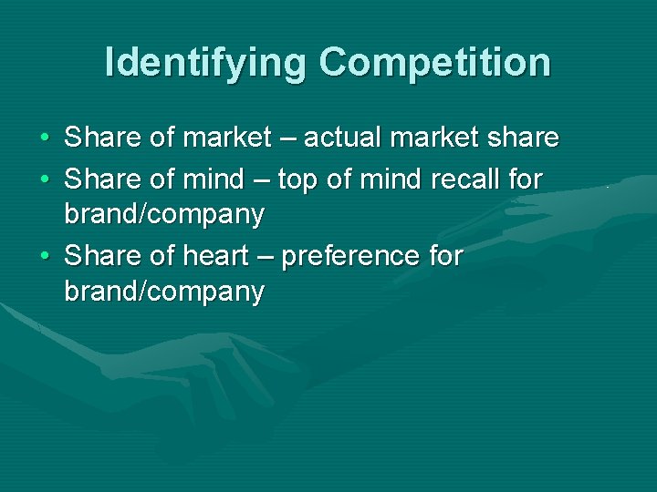 Identifying Competition • Share of market – actual market share • Share of mind