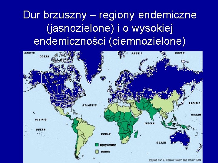 Dur brzuszny – regiony endemiczne (jasnozielone) i o wysokiej endemiczności (ciemnozielone) 