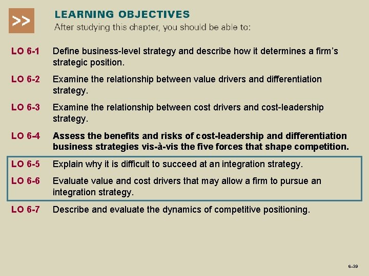 LO 6 -1 Define business-level strategy and describe how it determines a firm’s strategic