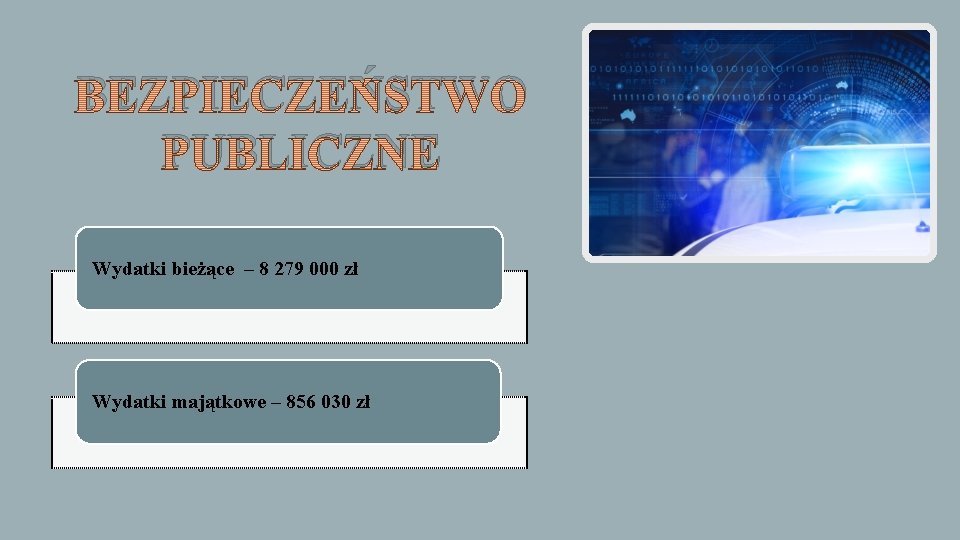 BEZPIECZEŃSTWO PUBLICZNE Wydatki bieżące – 8 279 000 zł Wydatki majątkowe – 856 030