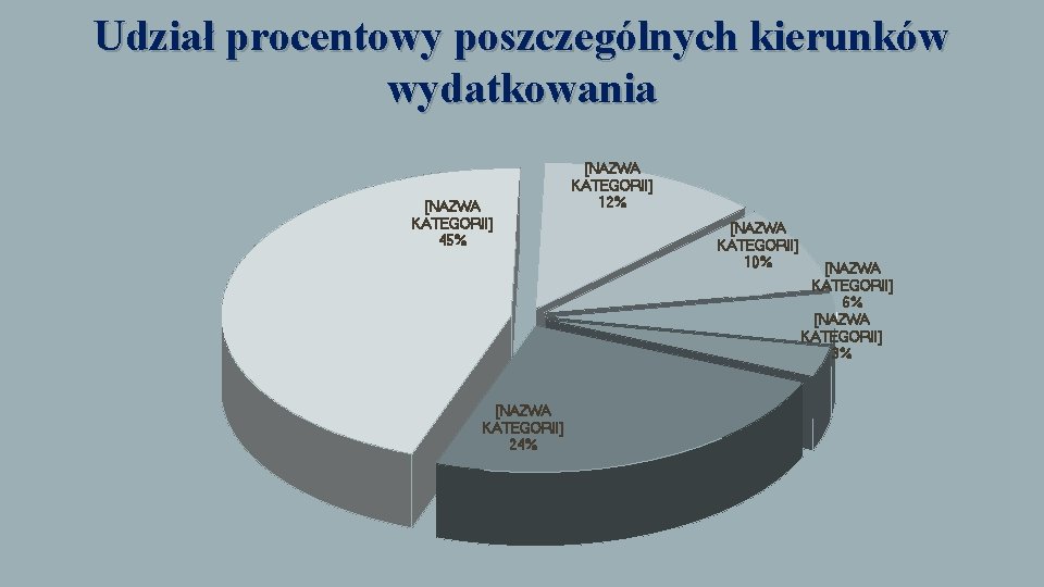 Udział procentowy poszczególnych kierunków wydatkowania [NAZWA KATEGORII] 45% [NAZWA KATEGORII] 24% [NAZWA KATEGORII] 12%