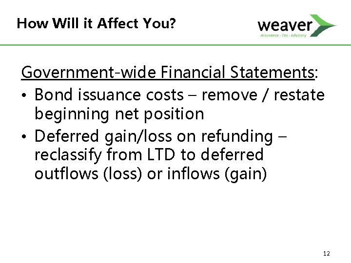 How Will it Affect You? Government-wide Financial Statements: • Bond issuance costs – remove