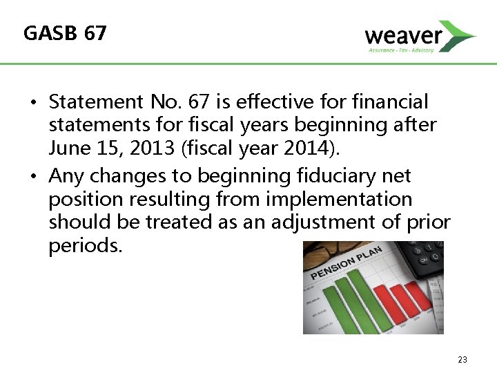 GASB 67 • Statement No. 67 is effective for financial statements for fiscal years