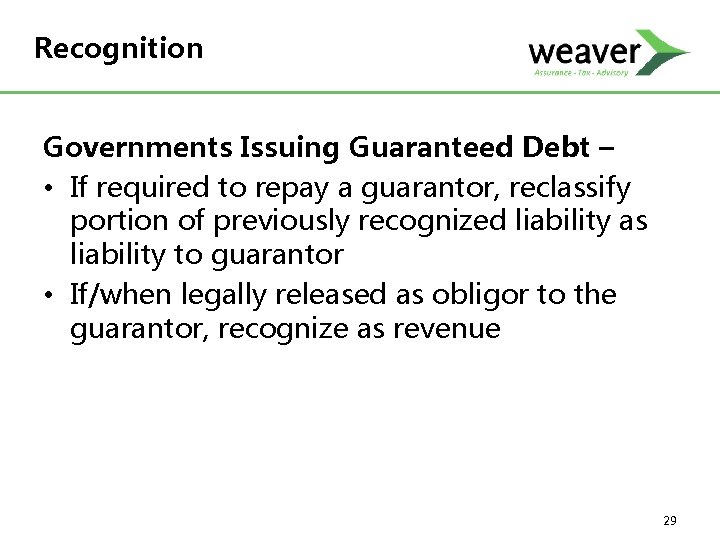 Recognition Governments Issuing Guaranteed Debt – • If required to repay a guarantor, reclassify