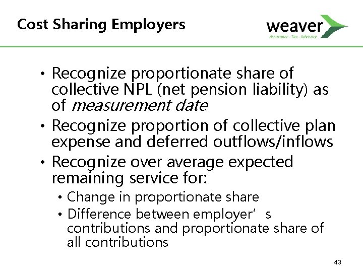 Cost Sharing Employers • Recognize proportionate share of collective NPL (net pension liability) as