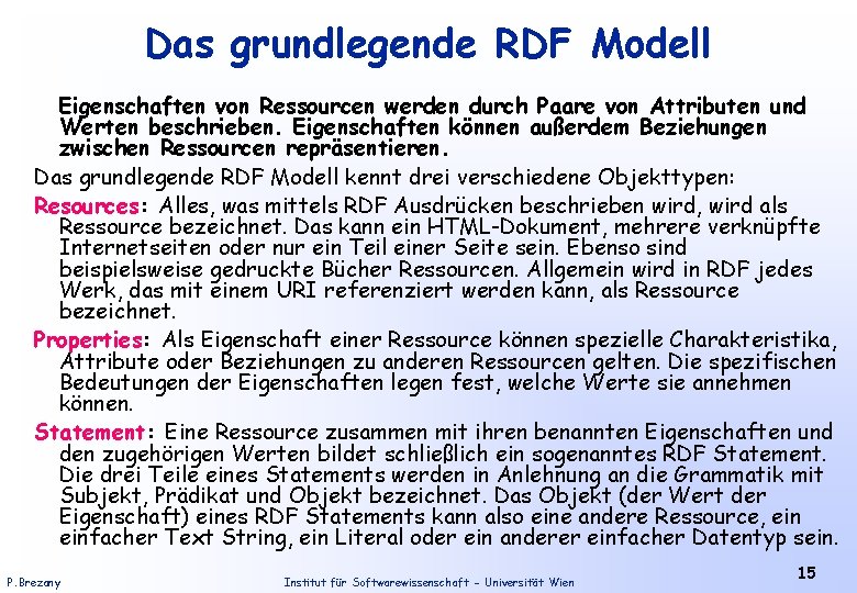 Das grundlegende RDF Modell Eigenschaften von Ressourcen werden durch Paare von Attributen und Werten