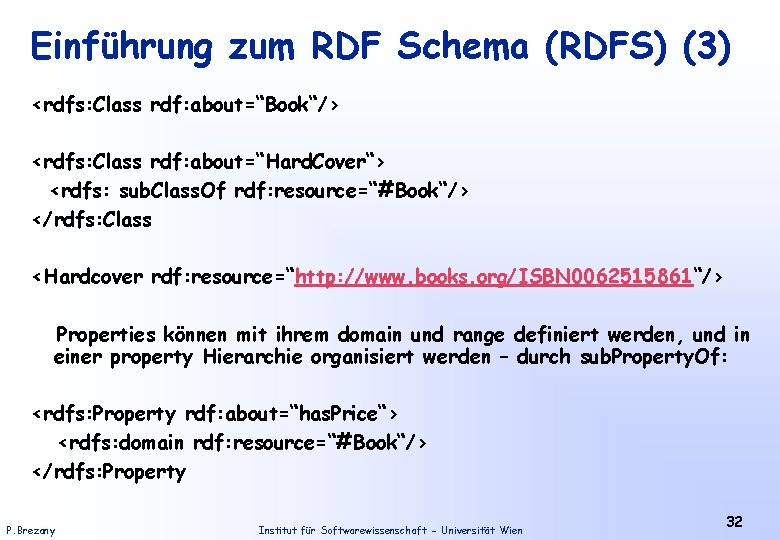 Einführung zum RDF Schema (RDFS) (3) <rdfs: Class rdf: about=“Book“/> <rdfs: Class rdf: about=“Hard.