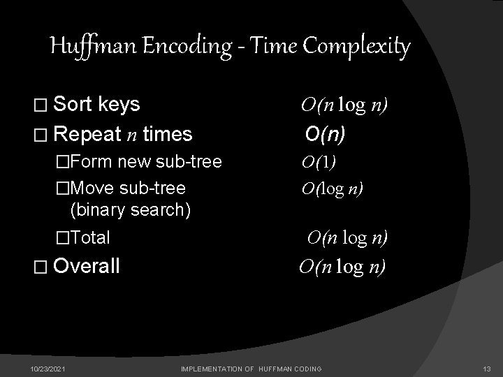 Huffman Encoding - Time Complexity � Sort keys � Repeat n times �Form new