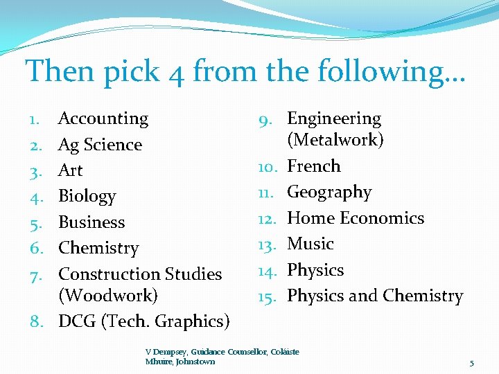 Then pick 4 from the following… Accounting Ag Science Art Biology Business Chemistry Construction