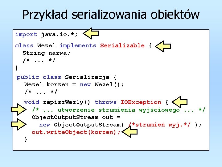 Przykład serializowania obiektów import java. io. *; class Wezel implements Serializable { String nazwa;