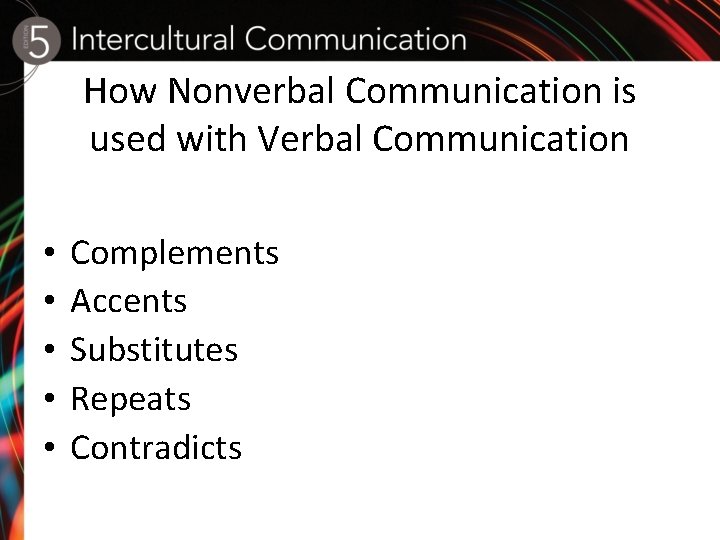 How Nonverbal Communication is used with Verbal Communication • • • Complements Accents Substitutes