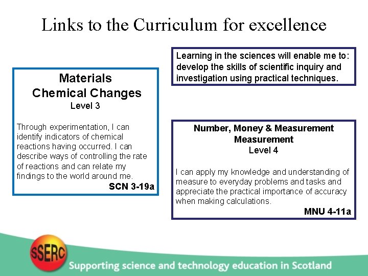 Links to the Curriculum for excellence Materials Chemical Changes Learning in the sciences will
