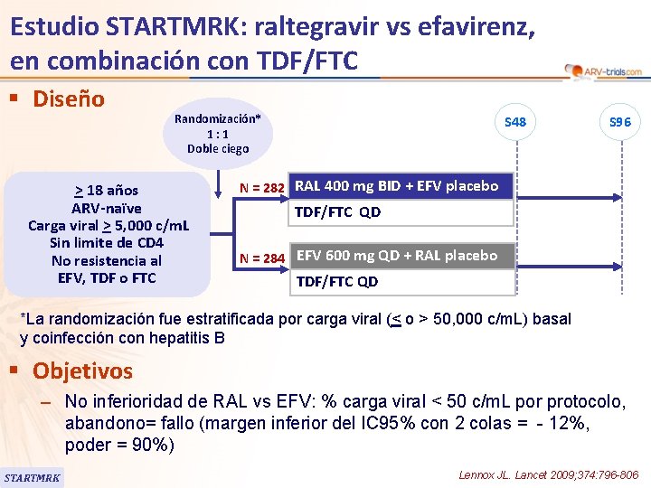 Estudio STARTMRK: raltegravir vs efavirenz, en combinación con TDF/FTC § Diseño Randomización* 1: 1