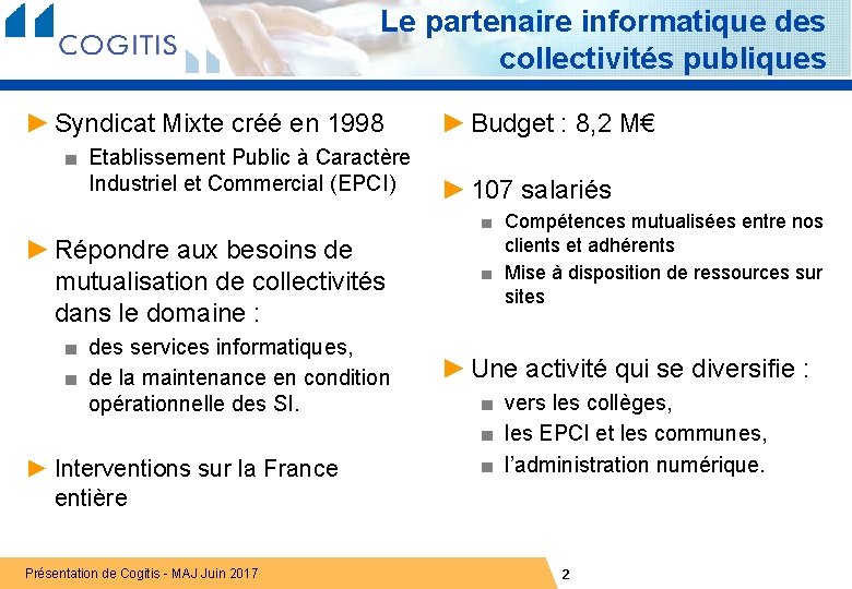 Le partenaire informatique des collectivités publiques ► Syndicat Mixte créé en 1998 ■ Etablissement