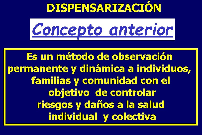 DISPENSARIZACIÓN Concepto anterior Es un método de observación permanente y dinámica a individuos, familias