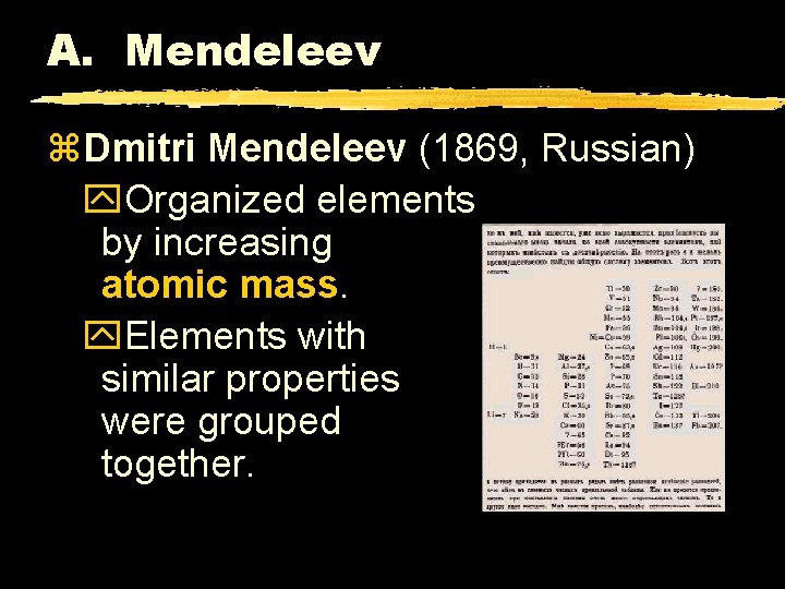 A. Mendeleev z. Dmitri Mendeleev (1869, Russian) y. Organized elements by increasing atomic mass.