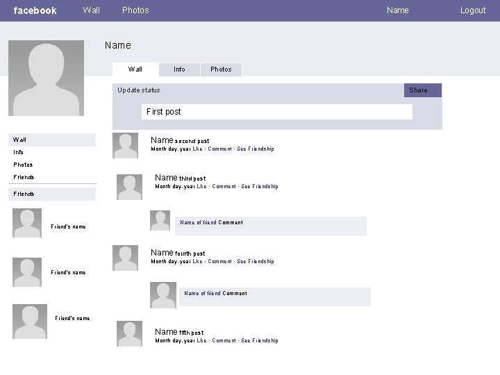 facebook Wall Photos Name Logout Name Wall Info Photos Update status Share First post