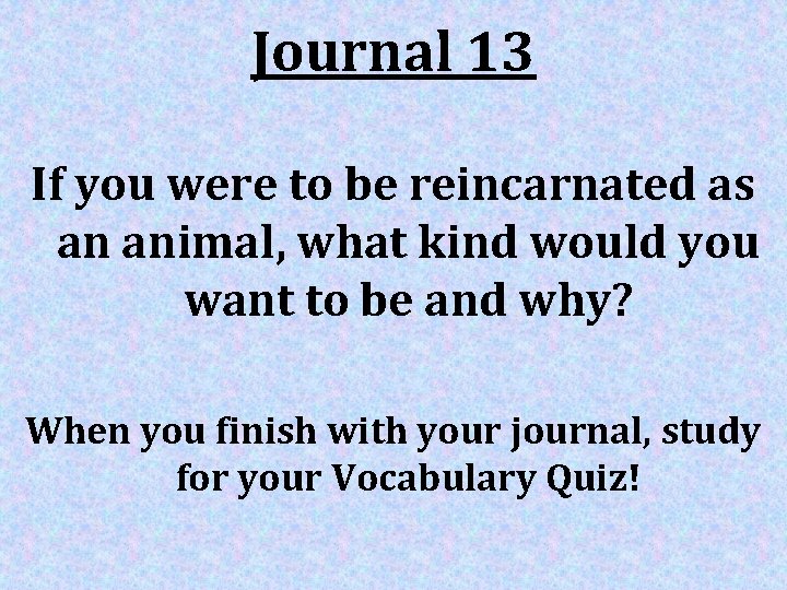 Journal 13 If you were to be reincarnated as an animal, what kind would