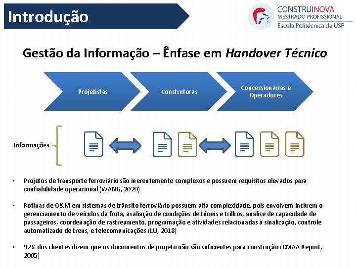 Introdução Gestão da Informação – Ênfase em Handover Técnico Projetistas Construtoras Concessionárias e Operadores