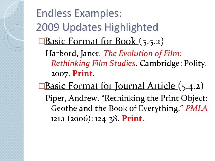 Endless Examples: 2009 Updates Highlighted �Basic Format for Book (5. 5. 2) Harbord, Janet.