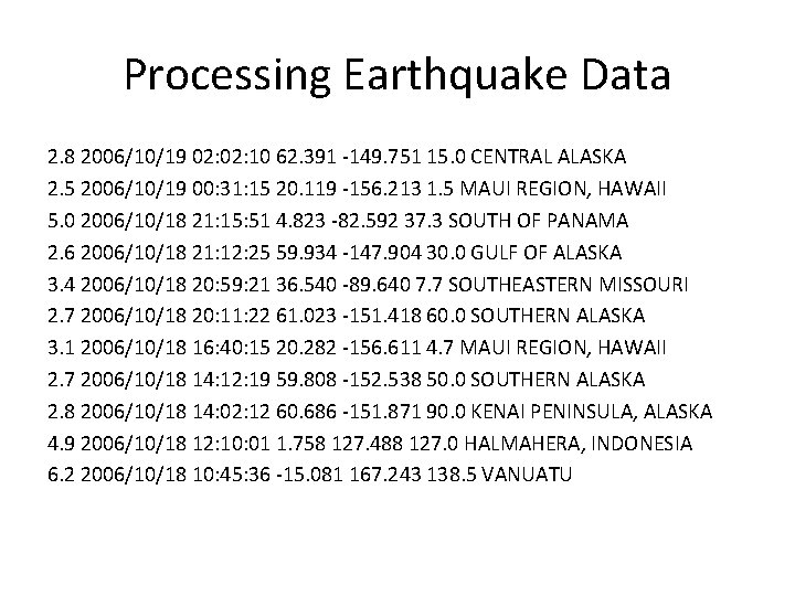 Processing Earthquake Data 2. 8 2006/10/19 02: 10 62. 391 -149. 751 15. 0