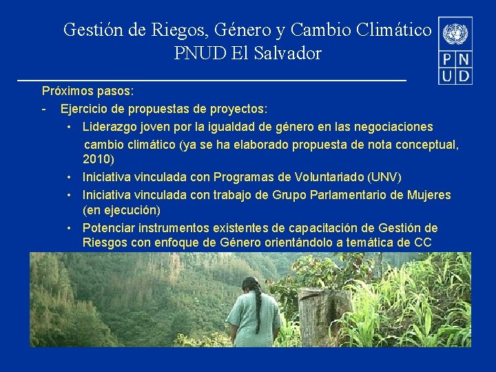 Gestión de Riegos, Género y Cambio Climático PNUD El Salvador Próximos pasos: - Ejercicio