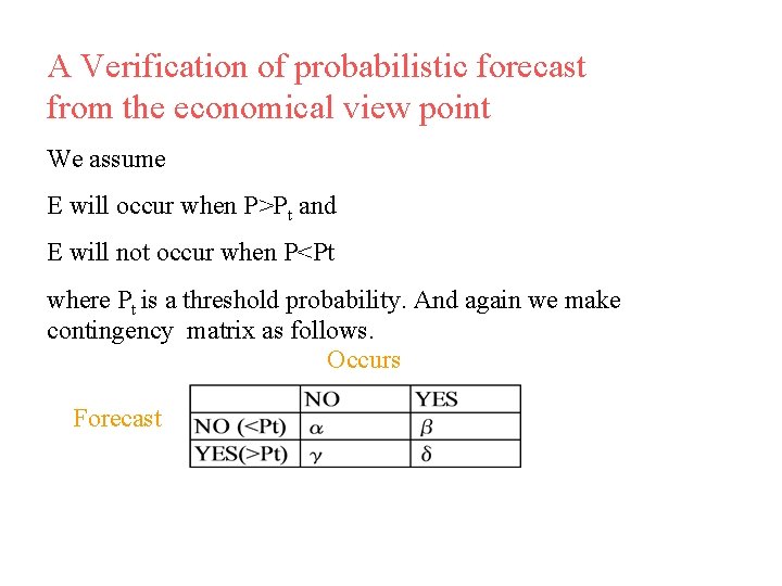 A Verification of probabilistic forecast from the economical view point We assume E will