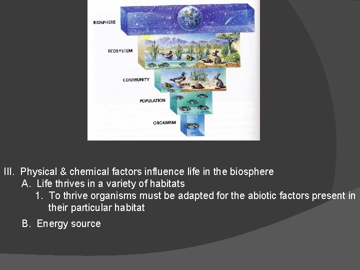 III. Physical & chemical factors influence life in the biosphere A. Life thrives in