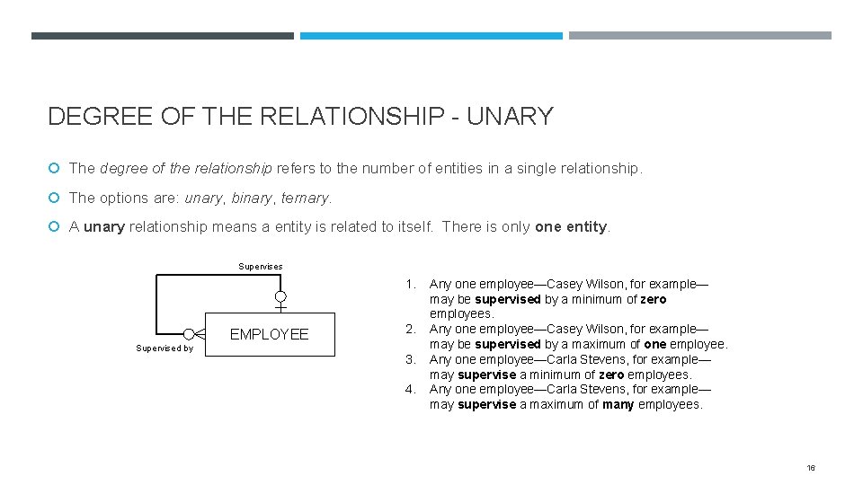 DEGREE OF THE RELATIONSHIP - UNARY The degree of the relationship refers to the
