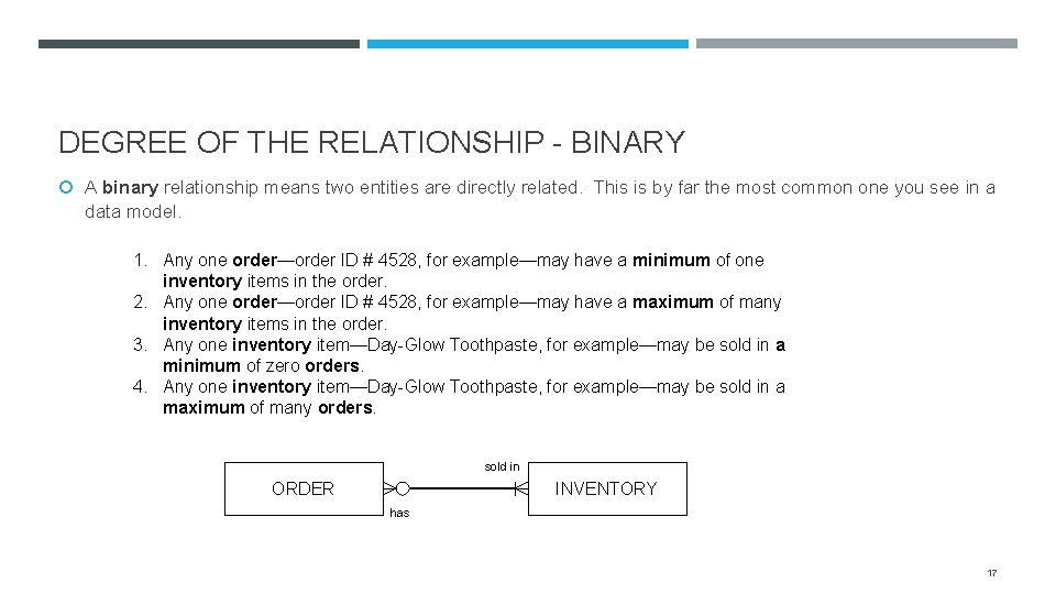 DEGREE OF THE RELATIONSHIP - BINARY A binary relationship means two entities are directly
